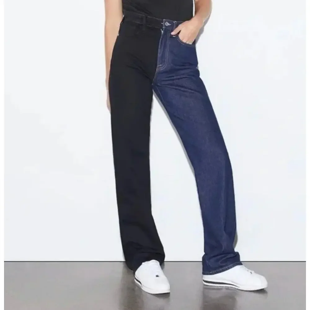 Frame NWT Le Jane High Rise Straight Leg Two Tone Colorblock Jeans Dell Noir 25